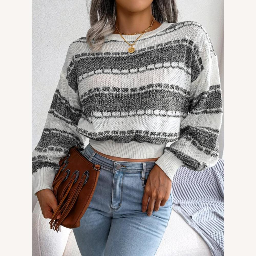 Pull rayé ample et court pour femme – Tissu tricoté doux et respirant, manches longues avec poignets côtelés