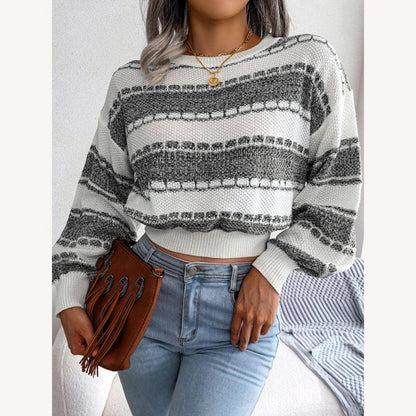 Pull rayé ample et court pour femme – Tissu tricoté doux et respirant, manches longues avec poignets côtelés