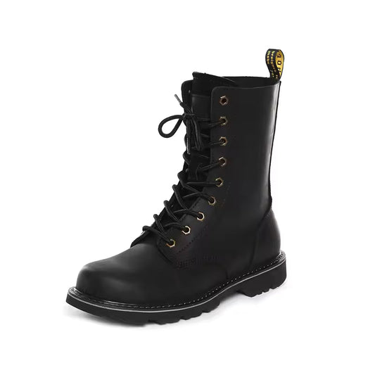 Leather Motorcycle Boots for Men with High Laces and Rubber Sole