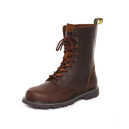 Leather Motorcycle Boots for Men with High Laces and Rubber Sole