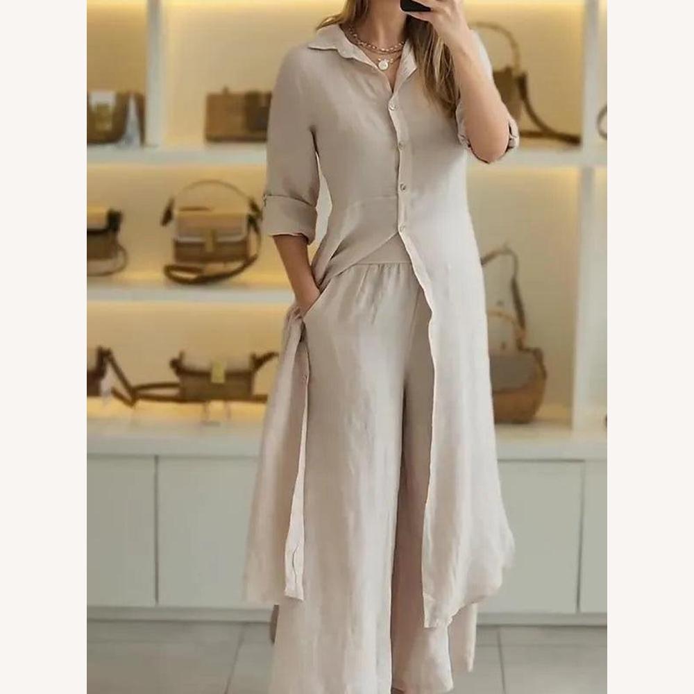 Ensemble tailleur en lin pour femme avec chemise longue et pantalon large – Élégant et confortable pour l'été