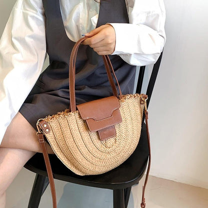 Sac cabas en paille avec cuir végétal pour femmes – Élégant et spacieux, idéal pour la plage et les sorties décontractées