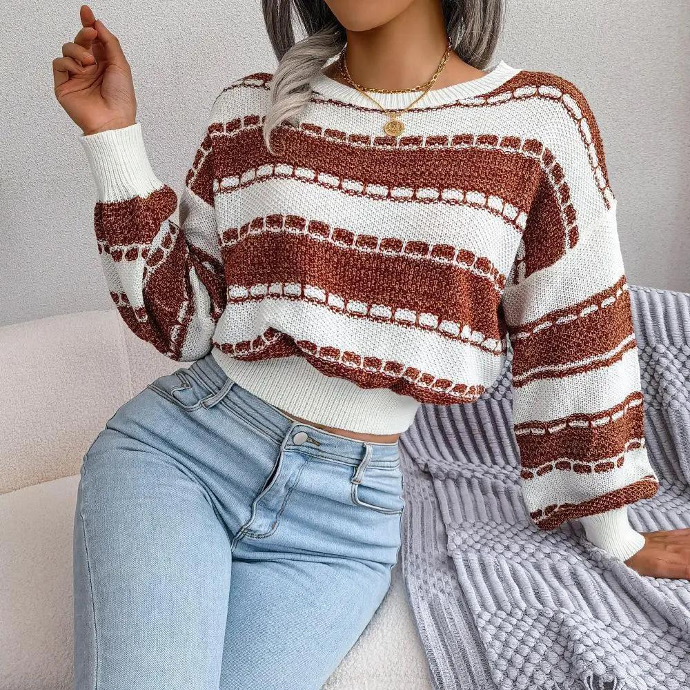 Pull rayé ample et court pour femme – Tissu tricoté doux et respirant, manches longues avec poignets côtelés