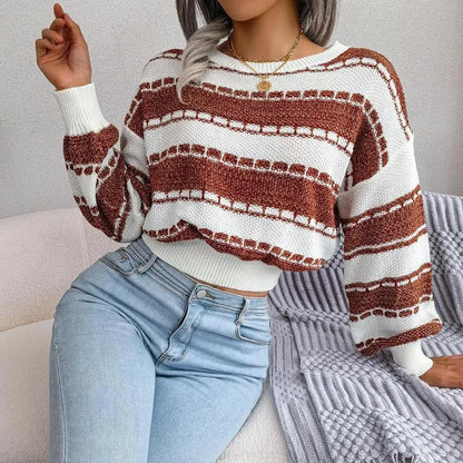 Pull rayé ample et court pour femme – Tissu tricoté doux et respirant, manches longues avec poignets côtelés
