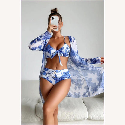 Ensemble de maillot de bain trois pièces tropical bohème pour femme avec haut à manches longues et détails en dentelle