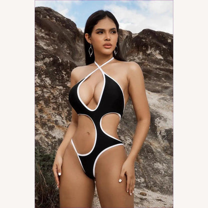 Maillot de bain une pièce pour femme avec découpes noir et blanc – Style bohème chic, tissu doux et résistant