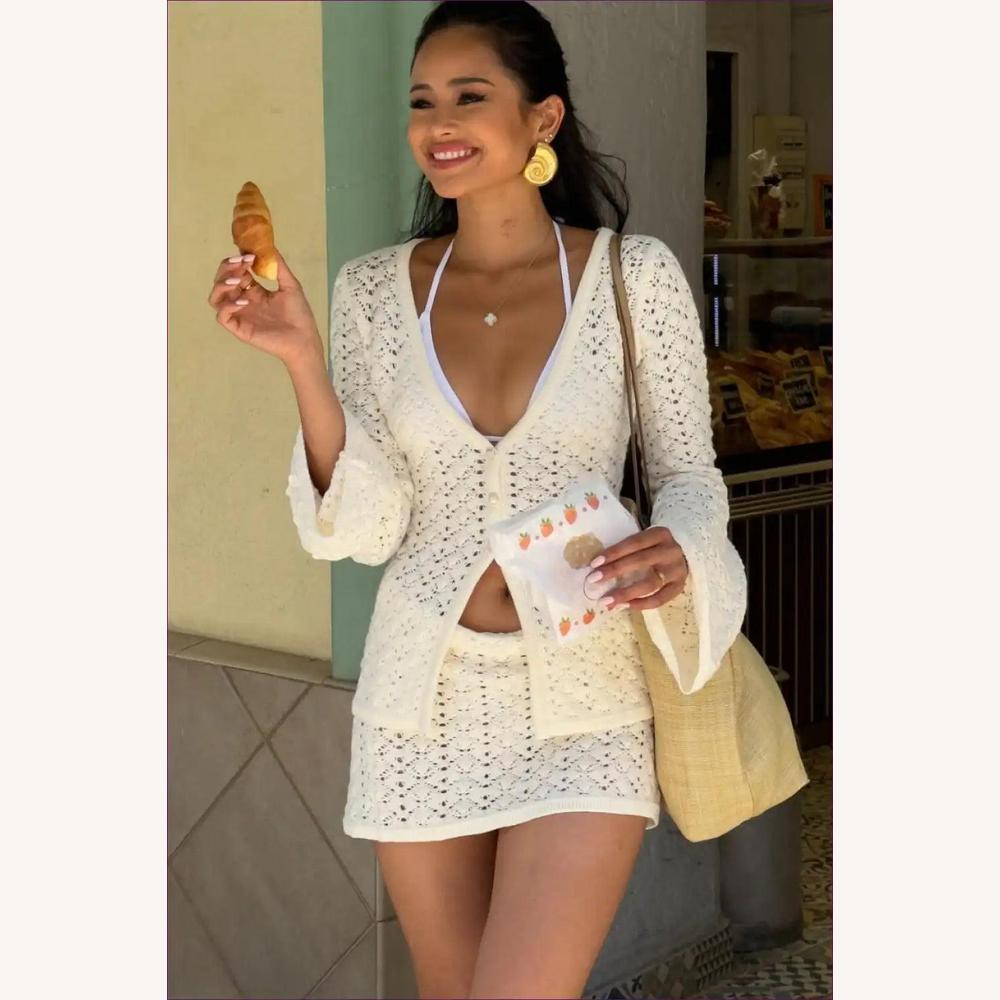 Ensemble bohème chic pour femme en crochet - Gilet à col en V et mini-jupe assortie en coton respirant