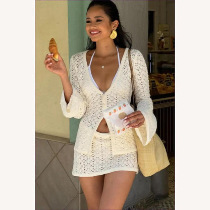 Ensemble bohème chic pour femme en crochet - Gilet à col en V et mini-jupe assortie en coton respirant