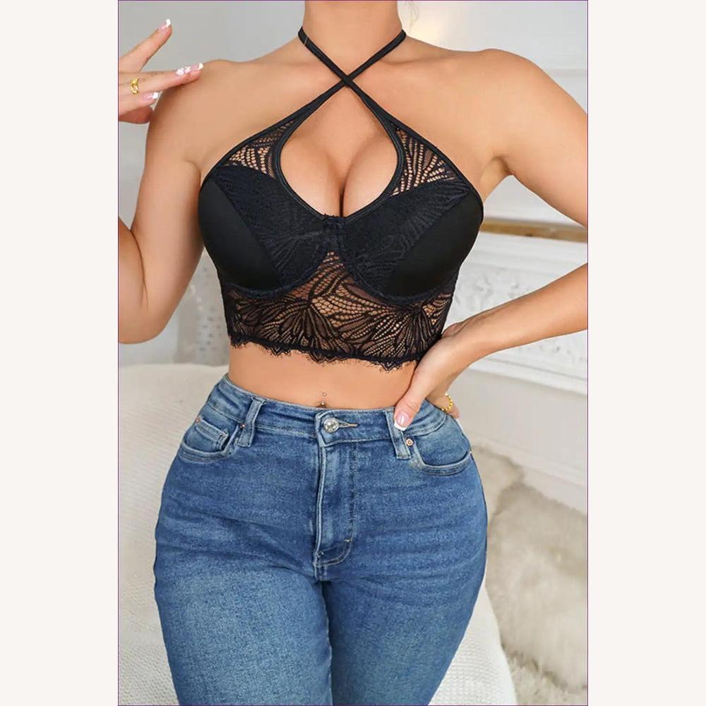 Camisole à col licou en dentelle séduisante pour femmes – Coupe ajustée, découpes sensuelles, élégance estivale
