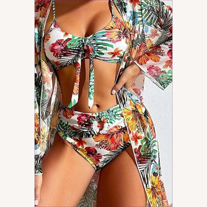 Maillot de bain tropical découpé pour femme – Ensemble bohème 3 pièces, tissu satin, col en V, longueur maxi