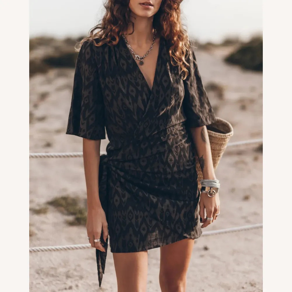 Robe longue portefeuille pour femme en gaze de coton – Beige ou gris, design élégant et confortable