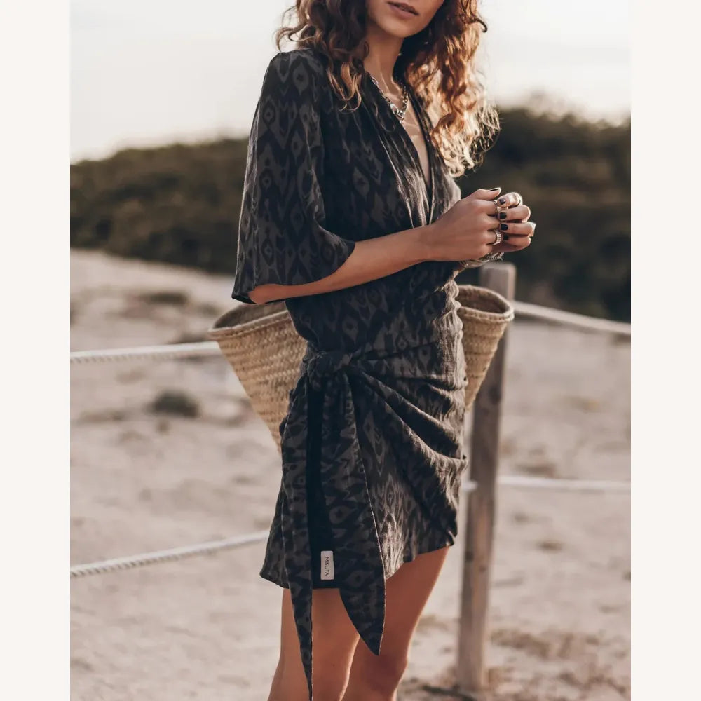 Robe longue portefeuille pour femme en gaze de coton – Beige ou gris, design élégant et confortable