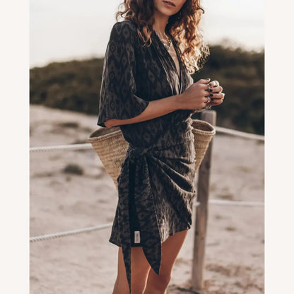 Robe longue portefeuille pour femme en gaze de coton – Beige ou gris, design élégant et confortable