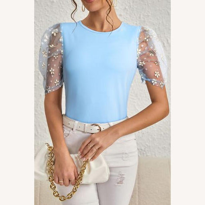 Haut élégant pour femme avec manches bouffantes brodées en organza – Bleu, confortable et chic