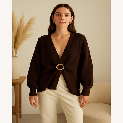 Pull ample à col en V pour femme en maille douce – Élégant et confortable, manches longues, couleur unie