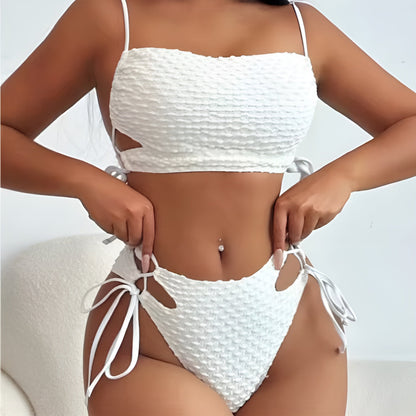 Ensemble de bikini blanc texturé pour femmes avec liens latéraux réglables – Maillot de bain élégant pour la plage et la piscine
