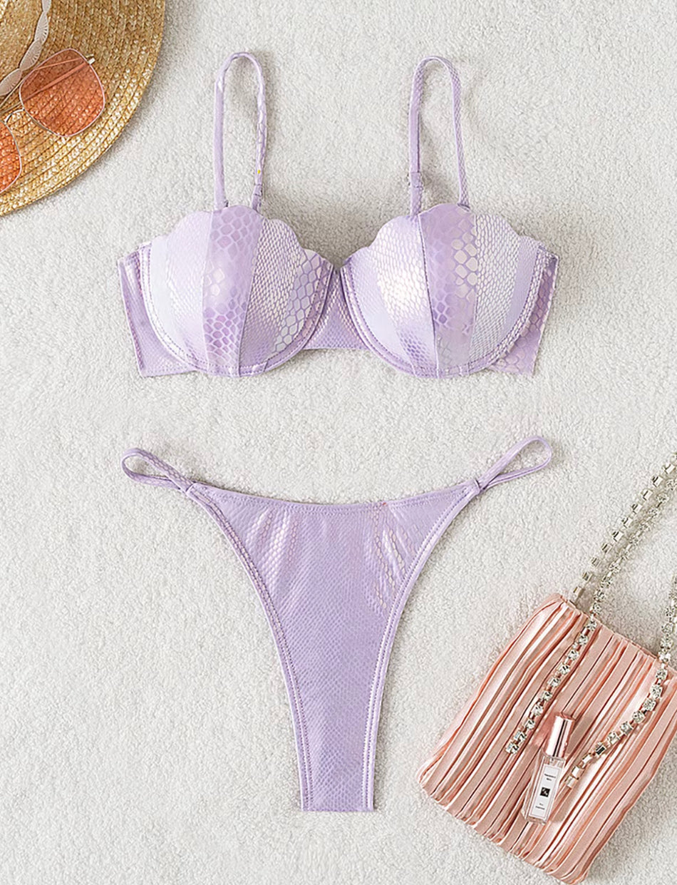 Bikini brillant rembourré pour femme en polyester – Style bohème pour la plage et la piscine