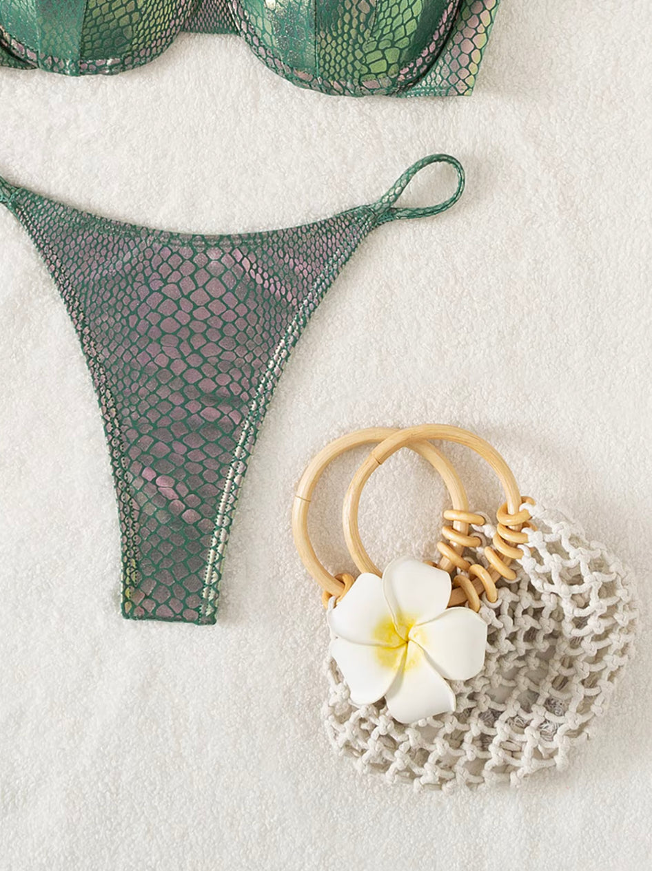 Bikini brillant rembourré pour femme en polyester – Style bohème pour la plage et la piscine
