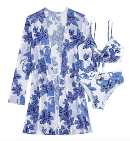 Ensemble de maillot de bain trois pièces tropical bohème pour femme avec haut à manches longues et détails en dentelle