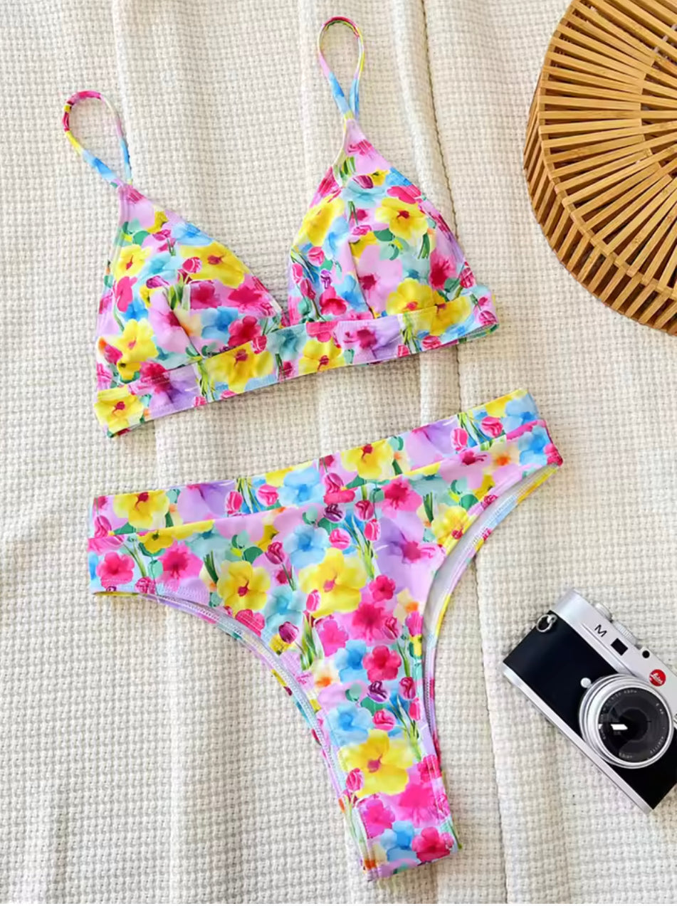 Bikini Triangle Floral Bohème Femme – Maillot de Bain d'Été avec Liens, Polyester Confortable, Tailles S à XL