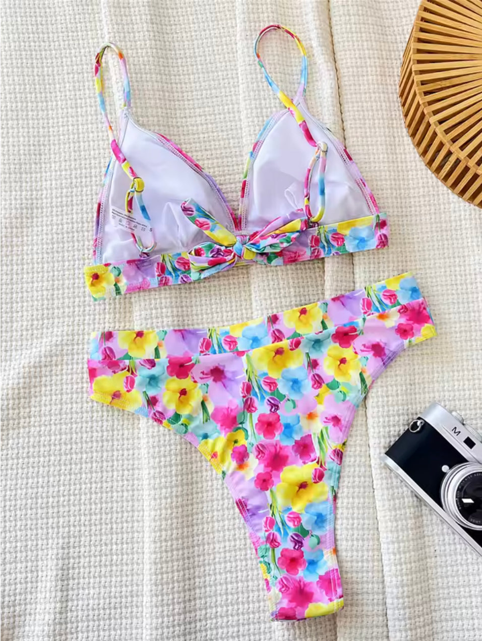 Bikini Triangle Floral Bohème Femme – Maillot de Bain d'Été avec Liens, Polyester Confortable, Tailles S à XL