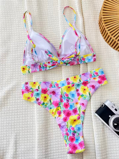 Bikini Triangle Floral Bohème Femme – Maillot de Bain d'Été avec Liens, Polyester Confortable, Tailles S à XL