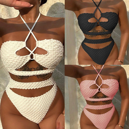 Bikini ficelle beige pour femmes – Maillot de bain bohème chic avec détails à lacets et bretelles nouées au cou
