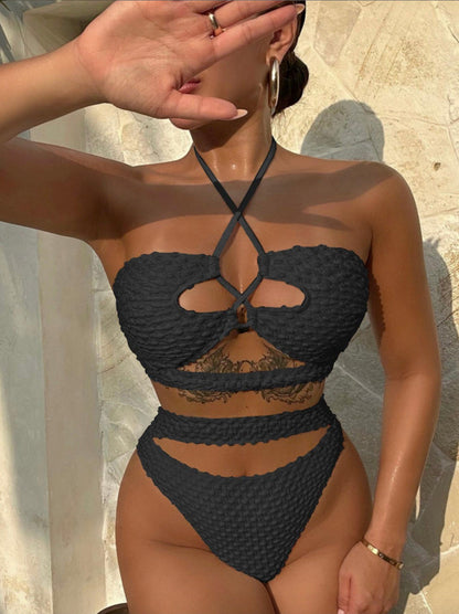 Bikini ficelle beige pour femmes – Maillot de bain bohème chic avec détails à lacets et bretelles nouées au cou