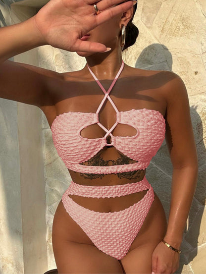 Bikini ficelle beige pour femmes – Maillot de bain bohème chic avec détails à lacets et bretelles nouées au cou
