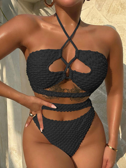 Bikini ficelle beige pour femmes – Maillot de bain bohème chic avec détails à lacets et bretelles nouées au cou