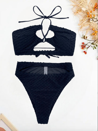 Bikini ficelle beige pour femmes – Maillot de bain bohème chic avec détails à lacets et bretelles nouées au cou