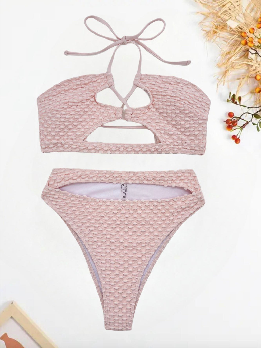 Bikini ficelle beige pour femmes – Maillot de bain bohème chic avec détails à lacets et bretelles nouées au cou