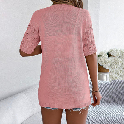 Cardigan en jersey pour femme avec découpe en forme de feuille – Élégance décontractée, manches mi-longues, confort optimal