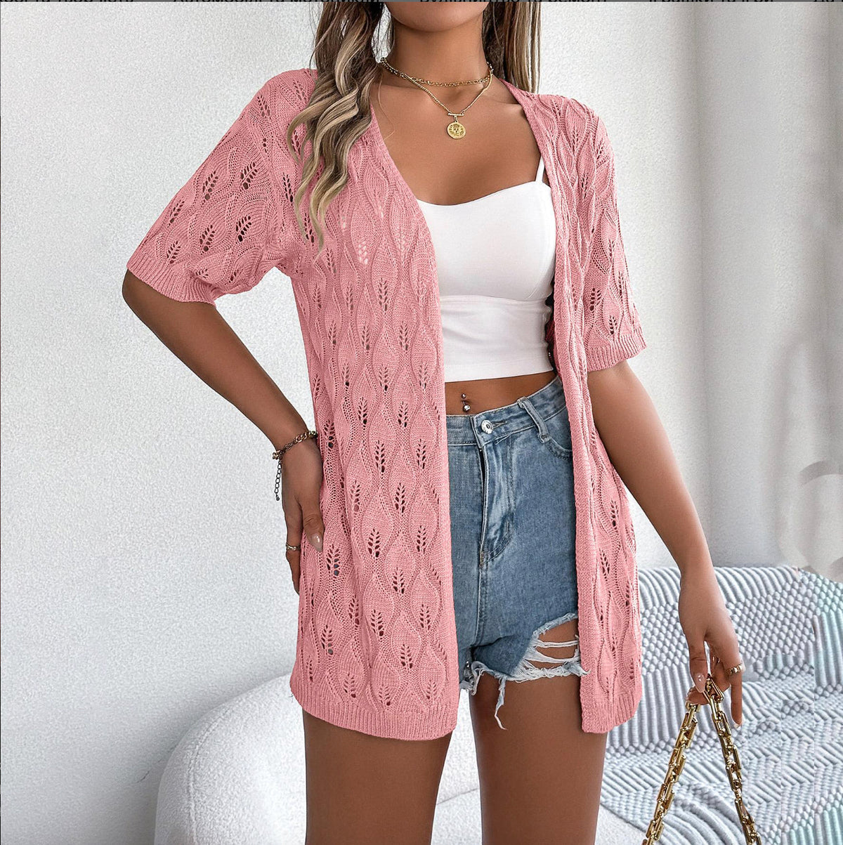 Cardigan en jersey pour femme avec découpe en forme de feuille – Élégance décontractée, manches mi-longues, confort optimal