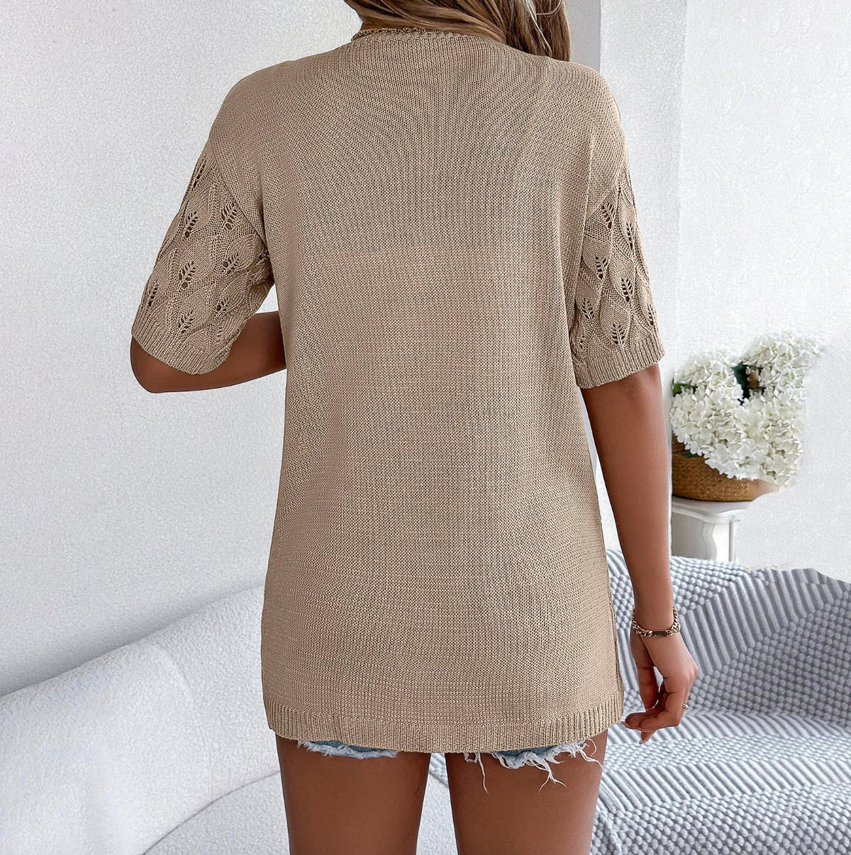 Cardigan en jersey pour femme avec découpe en forme de feuille – Élégance décontractée, manches mi-longues, confort optimal