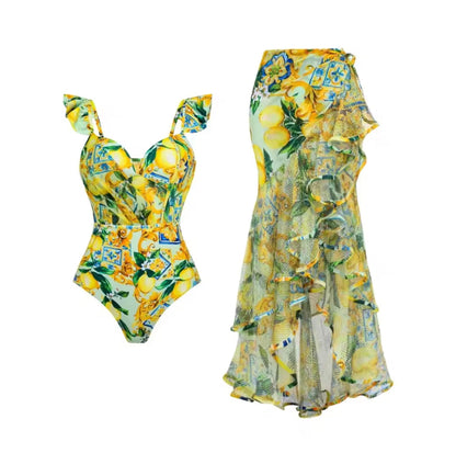 Ensemble maillot de bain bohème fleuri pour femme avec jupe et détails en dentelle – Floral et élégant pour l'été