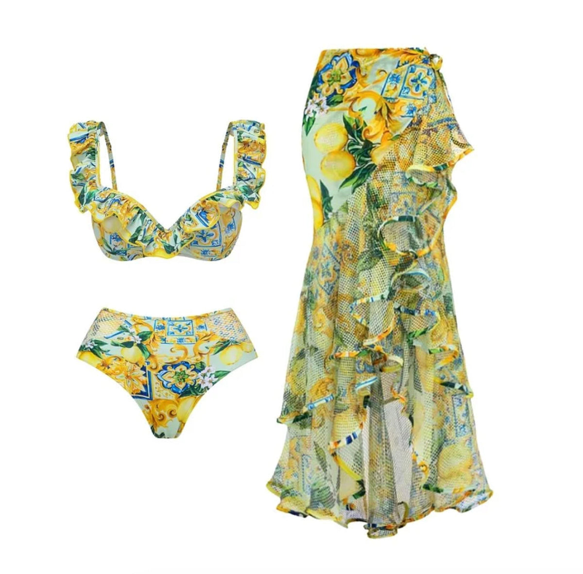 Ensemble maillot de bain bohème fleuri pour femme avec jupe et détails en dentelle – Floral et élégant pour l'été