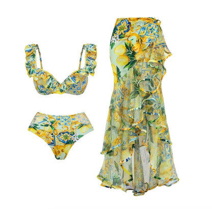 Ensemble maillot de bain bohème fleuri pour femme avec jupe et détails en dentelle – Floral et élégant pour l'été
