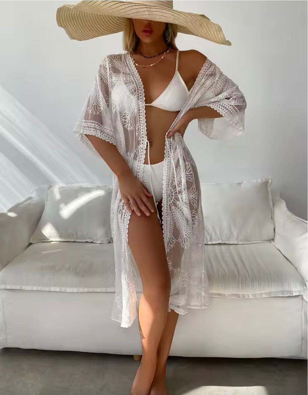 Cardigan bohème chic pour femme - Veste légère d'été brodée pour la plage avec manches trois-quarts et coupe ample