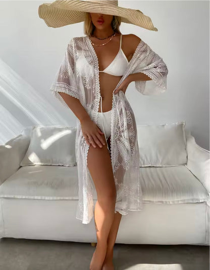 Cardigan bohème chic pour femme - Veste légère d'été brodée pour la plage avec manches trois-quarts et coupe ample