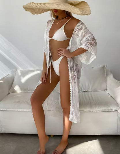 Cardigan bohème chic pour femme - Veste légère d'été brodée pour la plage avec manches trois-quarts et coupe ample