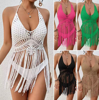 Haut sans manches pour femme style bohème en acrylique avec franges – Haut d'été tendance et confortable