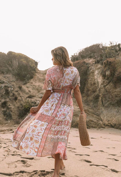 Long Women's Boho Floral Asymmetric Dress in Blended Cotton – Elegant and Comfortable Spring Dress