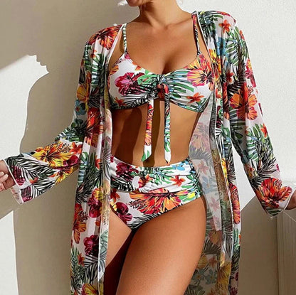 Maillot de bain tropical découpé pour femme – Ensemble bohème 3 pièces, tissu satin, col en V, longueur maxi