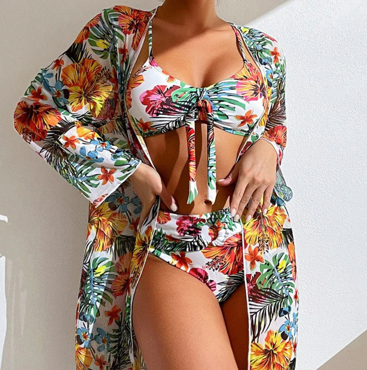 Maillot de bain tropical découpé pour femme – Ensemble bohème 3 pièces, tissu satin, col en V, longueur maxi
