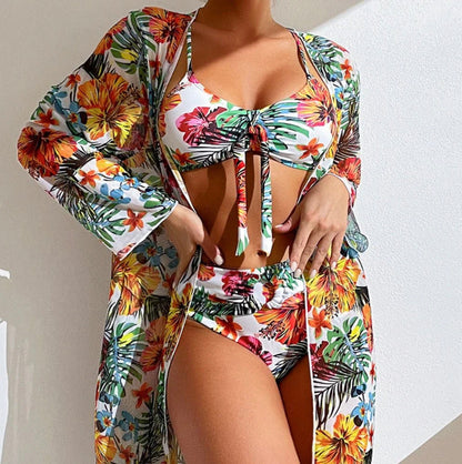 Maillot de bain tropical découpé pour femme – Ensemble bohème 3 pièces, tissu satin, col en V, longueur maxi