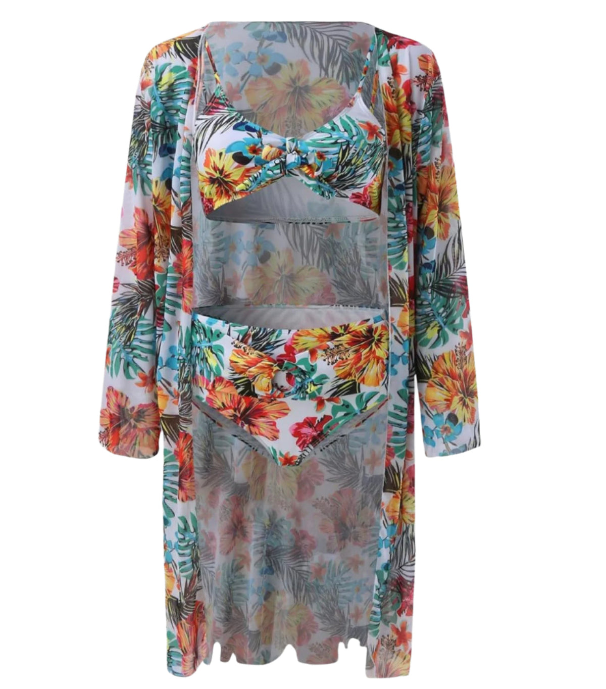 Maillot de bain tropical découpé pour femme – Ensemble bohème 3 pièces, tissu satin, col en V, longueur maxi