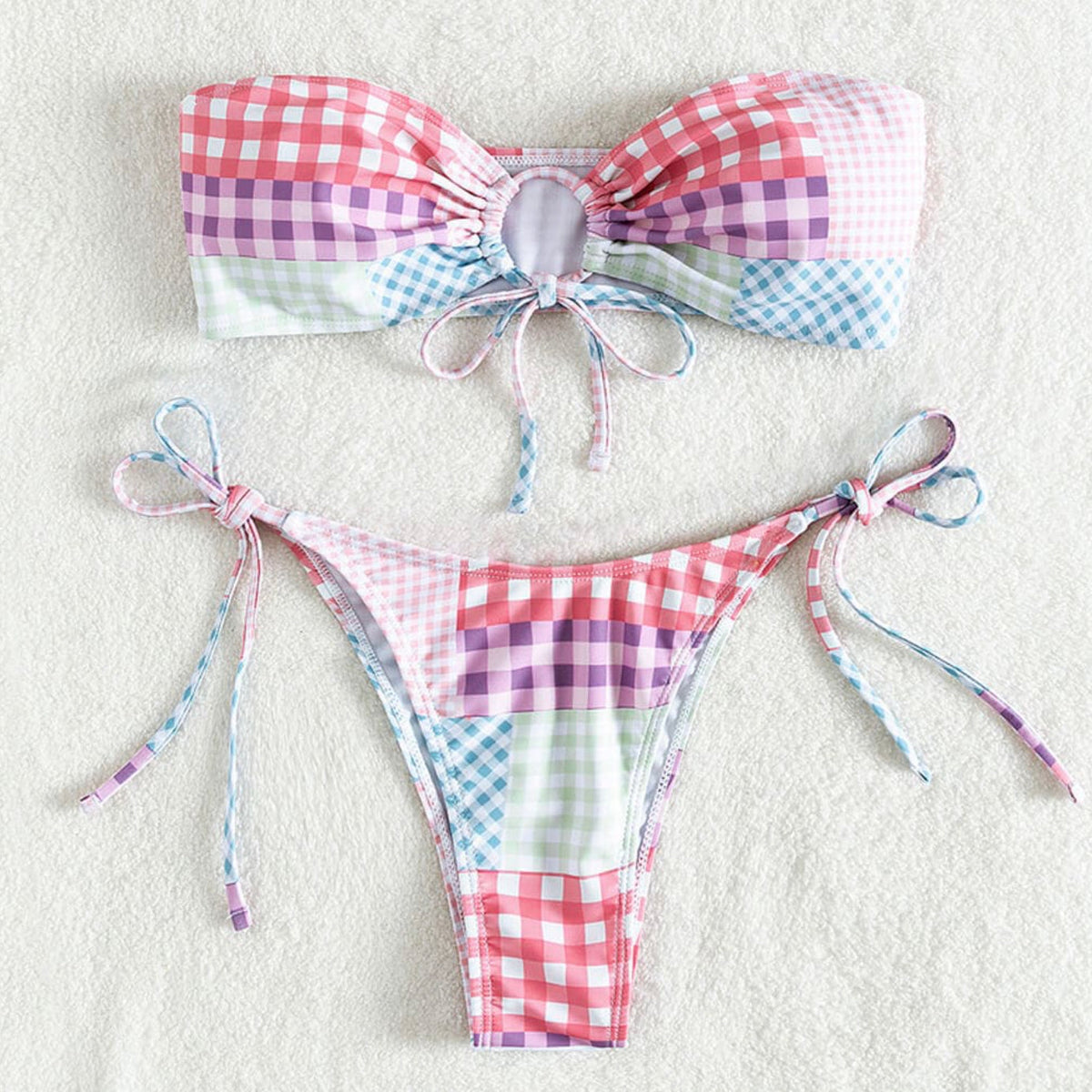 Bikini tube à carreaux pour femme bohème sans bretelles – Maillot de bain confortable pour l'été
