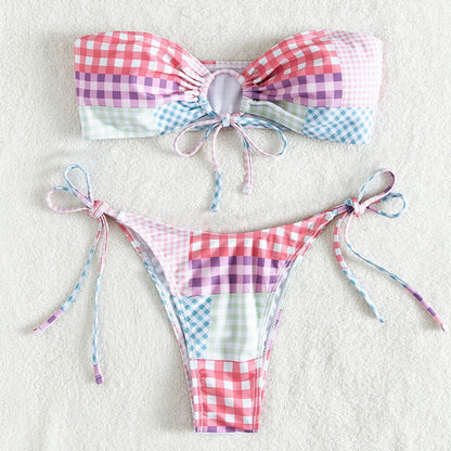 Bikini tube à carreaux pour femme bohème sans bretelles – Maillot de bain confortable pour l'été