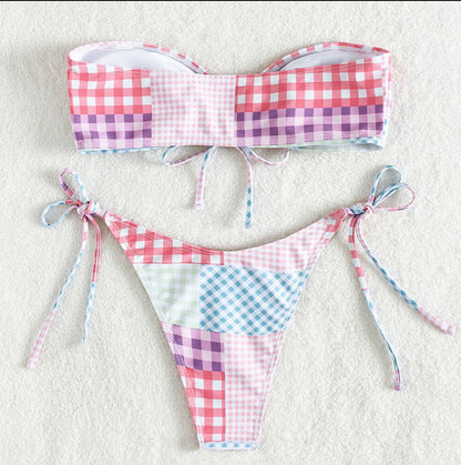 Bikini tube à carreaux pour femme bohème sans bretelles – Maillot de bain confortable pour l'été